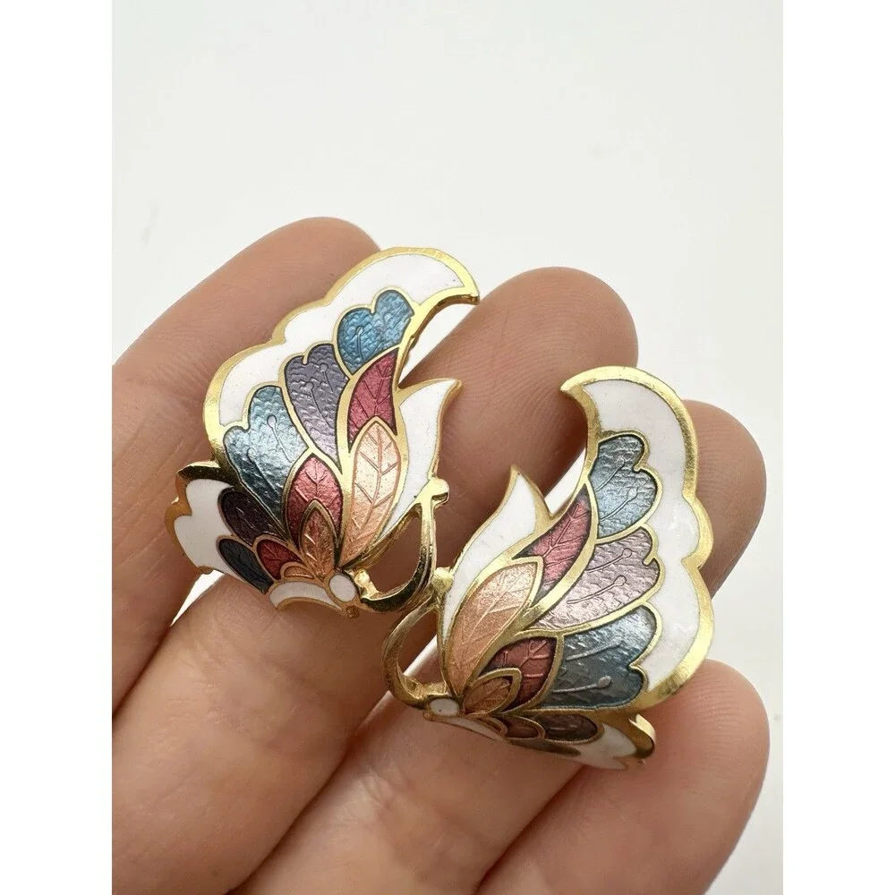 Vintage Enamel Cloisonne Butterfly Gold Tone Earrings Colorful